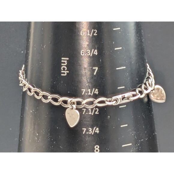 Vintage 925 Sterling Chain Link Two Heart Charm Bracelet - Picture 3 of 5